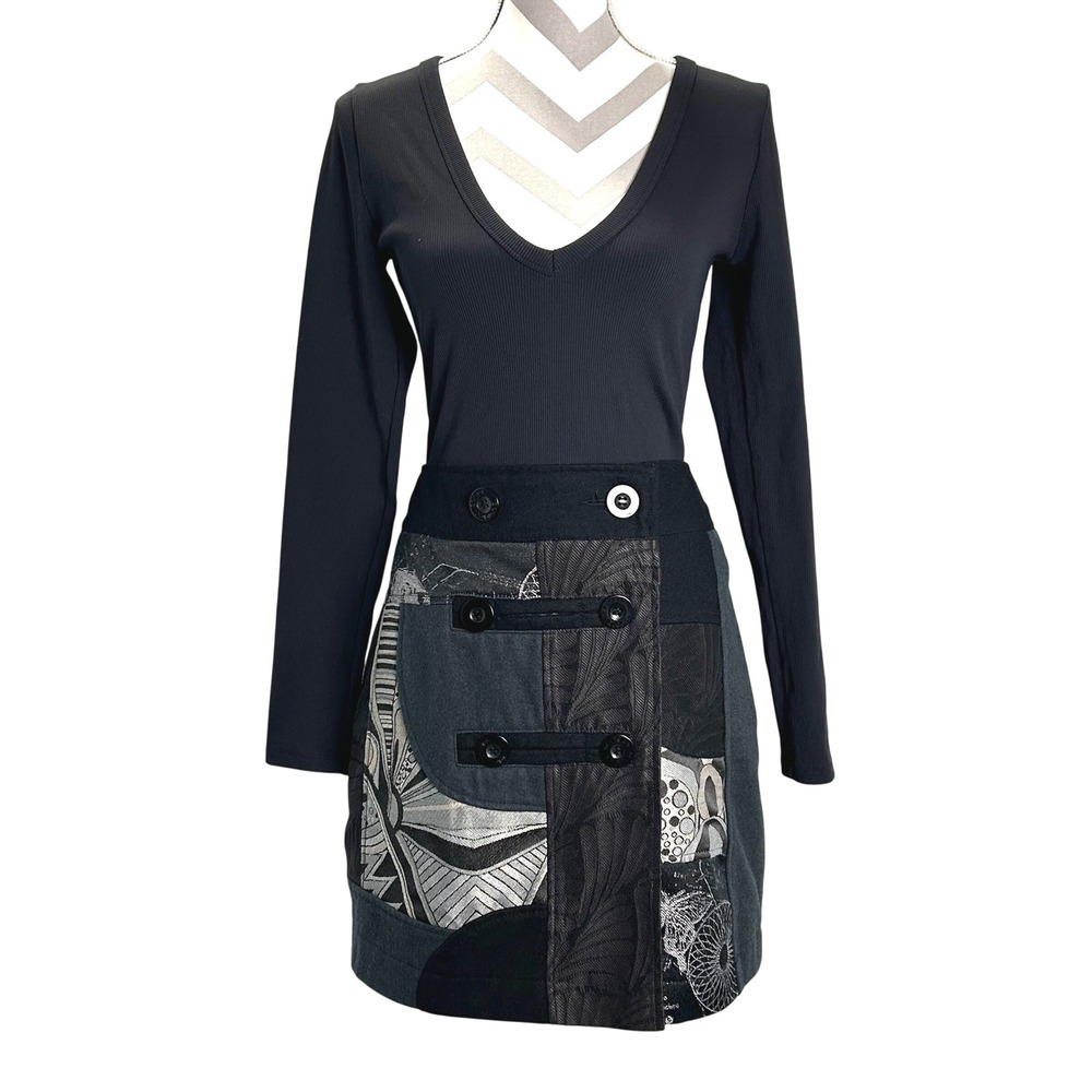 Desigual Patchwork Wool Blend Button Front Mini S… - image 3